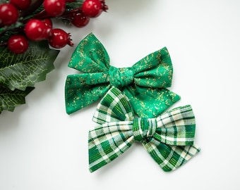 Handmade Christmas Hair Bow: Green Holiday Clip or Headband