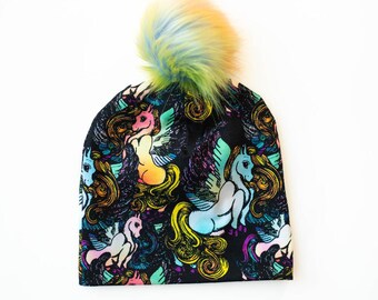 Unicorn Pom Pom Beanie: Soft Cotton Blend Slouchy Hat