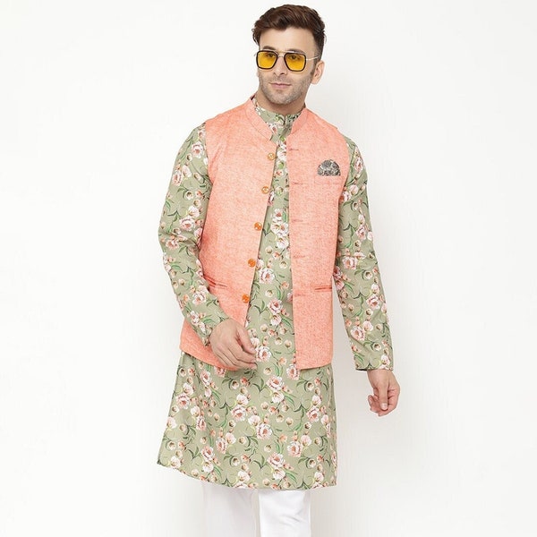 Traditional men indian wear Printed work kurta pajama with Nehru Jacket wedding function party wear kurta pajama set