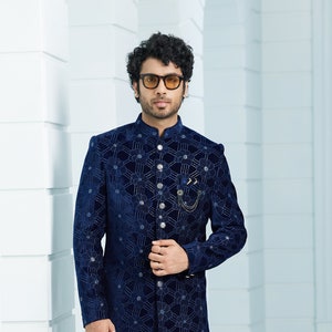 Mens Indo groom collection in Navy Blue with detail worked Sherwani Indo western for wedding reception gift for husband