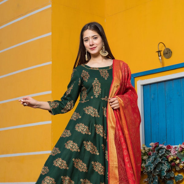 Designer Rayon hand block printed Green with gota work for women Pakistani salwar kameez cotton readymade hand print plus size salwar