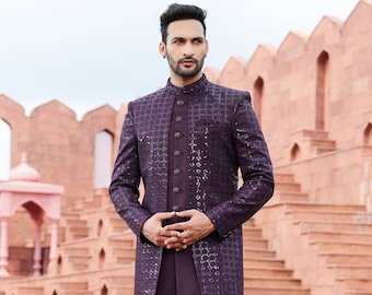 Embroidered Jodhpuri Sherwani Set: Art Silk Indian Wedding Outfit
