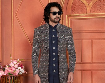 ricamo a mano Matrimonio Sherwani, Collezione sposo perfetto, Sherwani blu navy, Giacca da lavoro con filo Abito da 3 pezzi, Abito da sposo da uomo - Ingrandiscilo