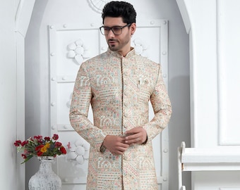 Designer Indian Wedding Sherwani for Men Embroidered Silk Indo-Western Styles Jodhpuri Suit Sets for Reception, Grooms Sherwani gift