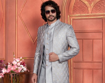 Silver Grey Sherwani for Groom: Art Silk Wedding Outfit