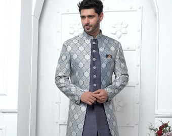 Elegant Grey Indo Western Groomsmen wedding sherwani grooms men dress, grooms indo western, party wear sherwani for men gift for husband