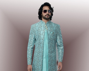 Sky Blue Jacquard Art Silk Sherwani: Men's Indian Wedding Outfit