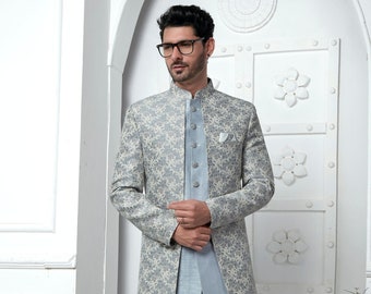 Indo-occidental fantaisie pour hommes, sherwani de marié, tenue indo-occidentale pour mariage, tenue de fête indo, sherwani à boutons fantaisie, robe de marié pour hommes