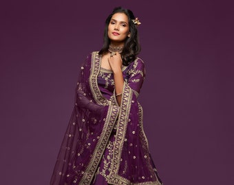 Purple Art Silk Bridal Lehenga: Zari Embroidery Wedding Dress