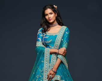 Teal Blue Bridal Lehenga: Zari Embroidery Art Silk Wedding Dress