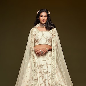 white  exclusive custom made bridal Indian style zari sequence work lehenga with choli and dupatta for wedding function gift for her