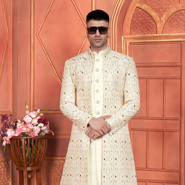 Cream textured Hand Embroidery sherwani for men, wedding groom sherwani, grooms collection, sherwani for boy, personalized gift