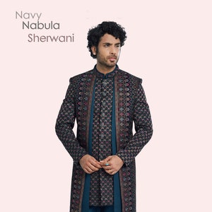 grooms sherwani for men wedding grooms collection navy embroidery indo western outfit sherwani grooms gift for husband, mens wedding wear
