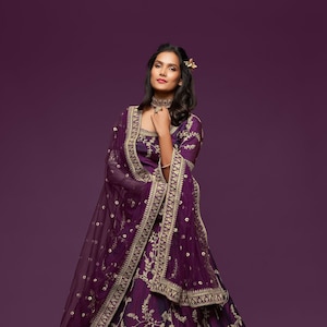 Purple full Embroidery zari sequencework bridal lehenga art silk for women customized stitched lehenga for wedding function with dupatta set