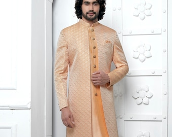 Golden Jacquard Art Silk Indo Western Sherwani: Groom Wedding Outfit