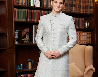 Sky Blue Jacquard Silk Indowestern Sherwani: Indian Groom Wedding Outfit
