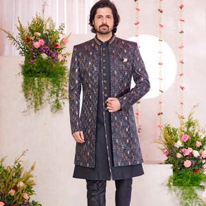 Black indowestern sherwani men wedding grooms wear jodhpuri style designer sherwani for men custom traditional jacket sherwani gift for him