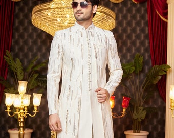Cream Silk Embroidered Indo Western Sherwani: Men's Wedding Outfit