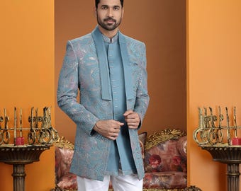 Blue Embroidery Silk Sherwani Jodhpuri set for indian grooms men Attire