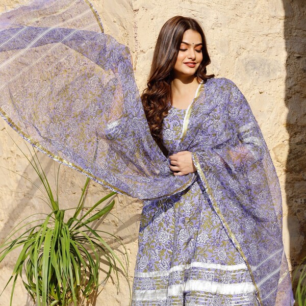 Women plus size hand block printed purple readymade salwar kameez set for party wear function