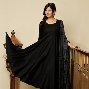 plus size  jet black solid flared anarkali with dot chiffon dupatta salwar kameez party wear , street wear, eid festive suit gift for her