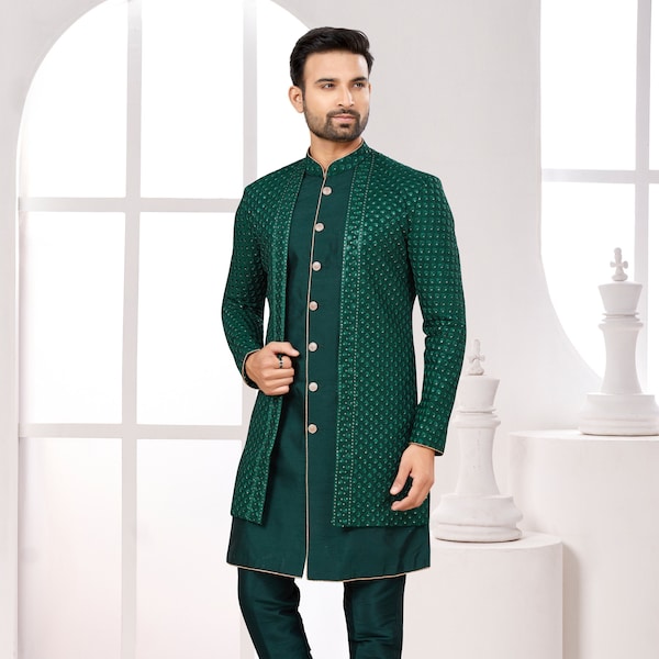 Indian ethnic Wedding Indowestern green Sherwani for party function jhodhpuri set  sherwani for groom sherwani coat