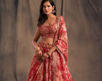 Red Embroidered Lehenga Choli: Organza Silk Bridal Dress