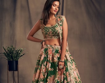 Green Floral Lehenga: Embroidered Silk Bridal Dress