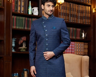 Mens Multi Color Embroidered Silk Sherwani: Indowestern Wedding Outfit