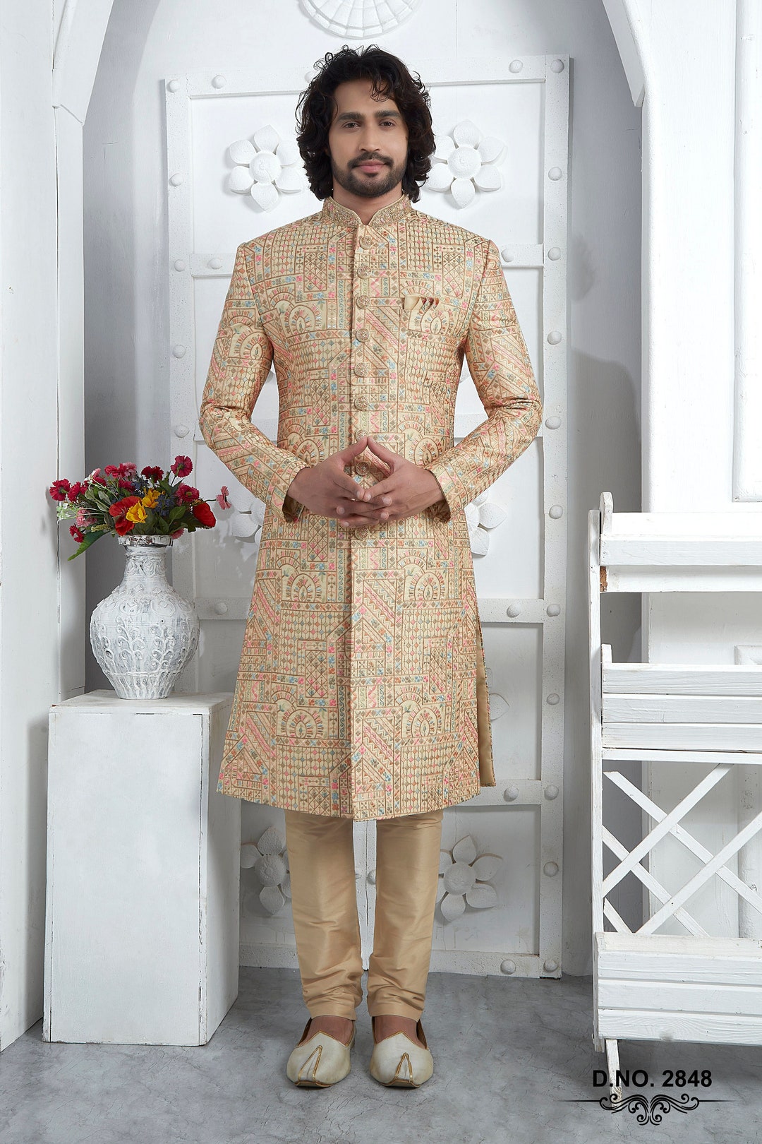 Golden Embroidered Indo Western Outfit: Men's Wedding Sherwani