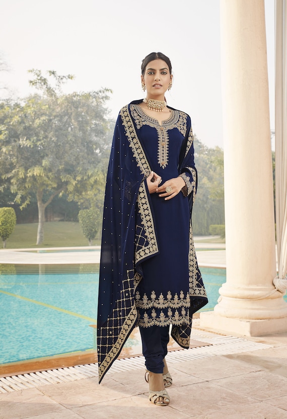 Buy Online Designer Salwar Kameez Resham Art Silk in Navy Blue : 151871 -