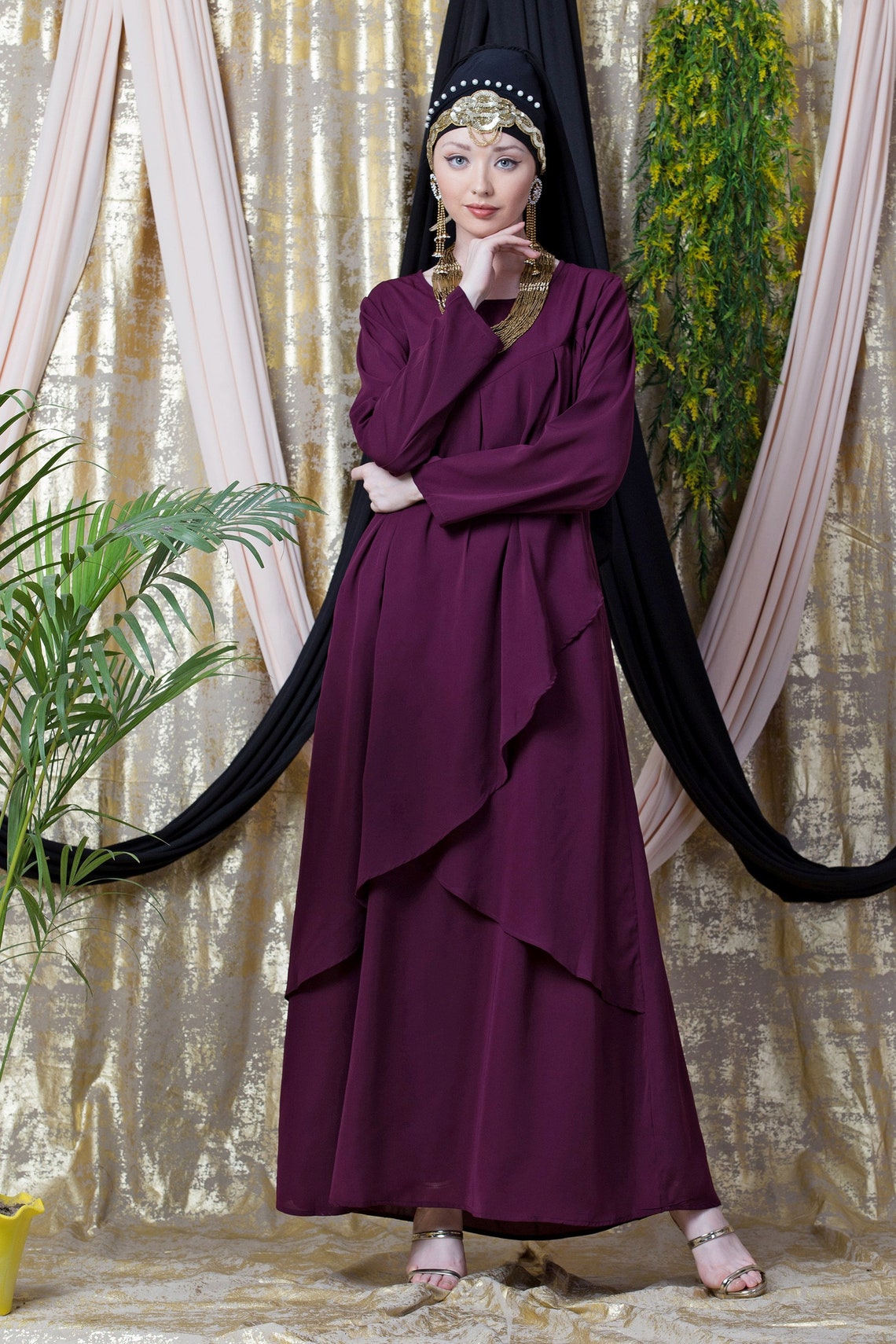 Overlapped panel casual wine color Abaya burqa for Women Etsy