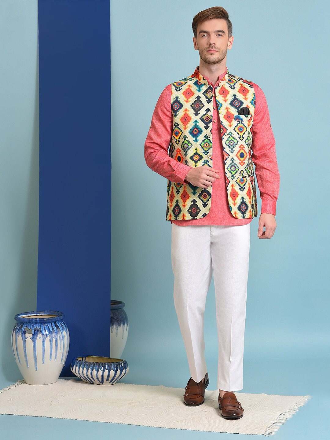 Traditional Men Indian Wear Printed Work Kurta Pajama With Nehru Jacket