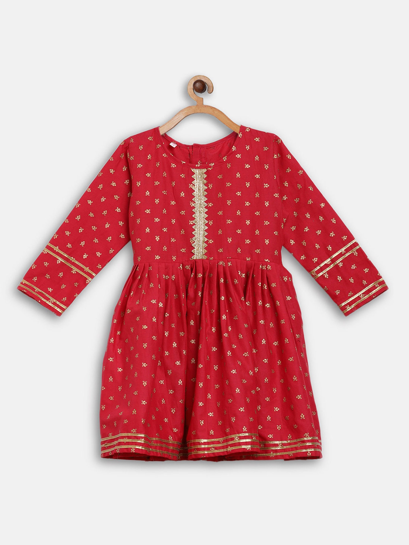 Girls Red & Gold-Toned Printed Kurta With Palazzos
