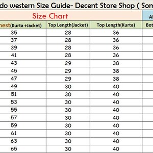 May include: Size chart for Indo western clothing, listing sizes 32-62 with measurements in inches for chest, jacket length, kurta length, and bottom length. Includes text "Size Chart".