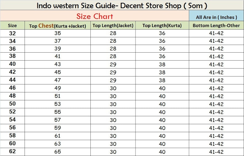 May include: Size chart for Indo western clothing, listing sizes 32-62 with measurements in inches for chest, jacket length, kurta length, and bottom length. Includes text "Size Chart".