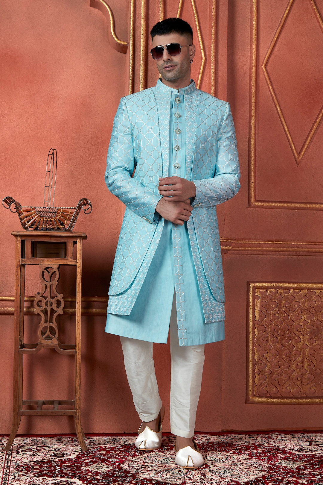 Sky Blue Groom Sherwani: Embroidered Indo Western Wedding
