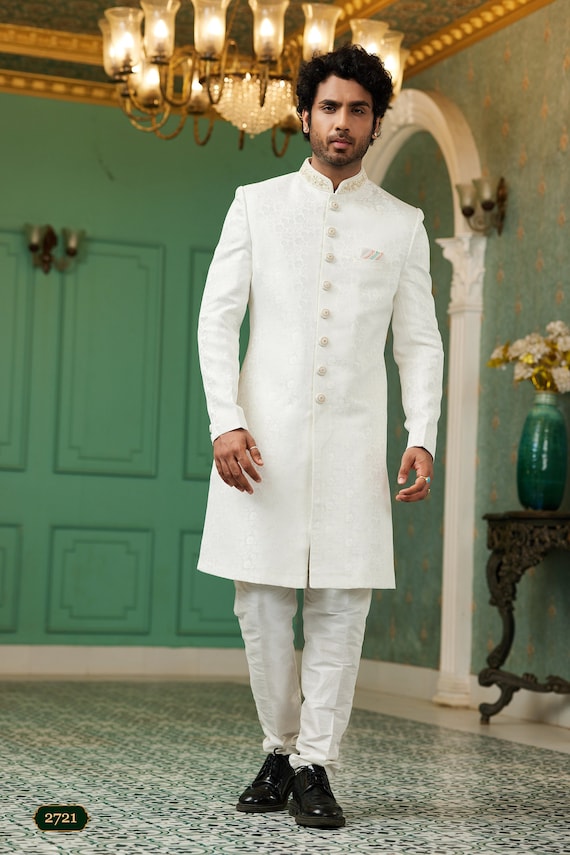 White Silk Groom Sherwani: Indian Wedding Jodhpuri