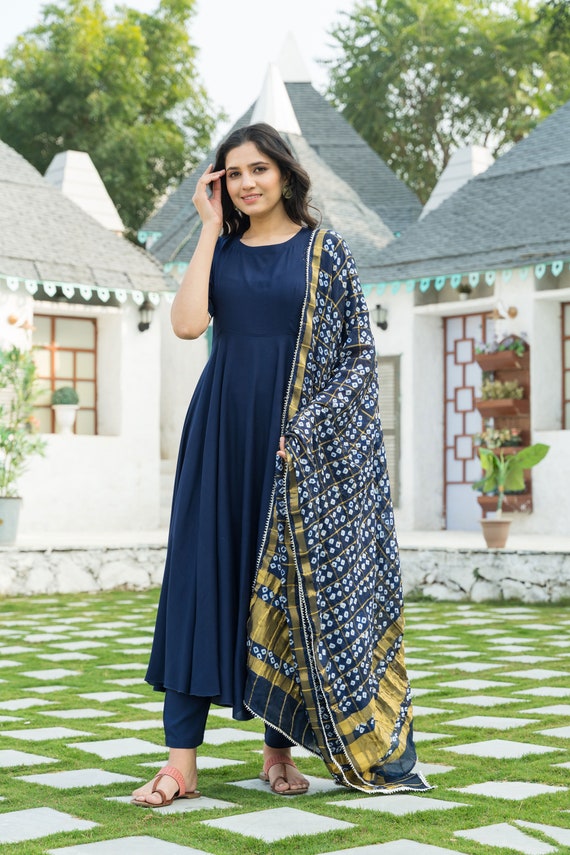 Pure Viscose Fabric Printed Straight Cut Salwar Kameez In Navy Blue Co –  Rakhi Fashion Pvt Ltd