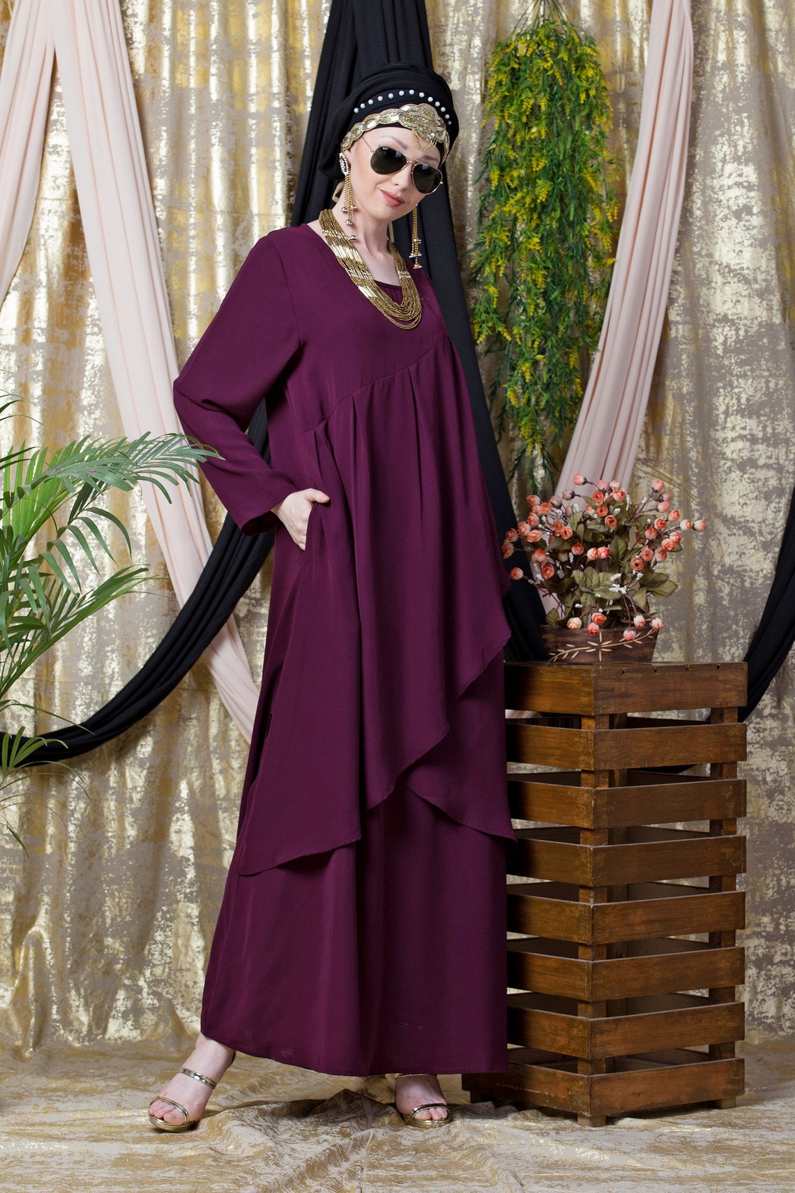 Overlapped panel casual wine color Abaya burqa for Women Etsy