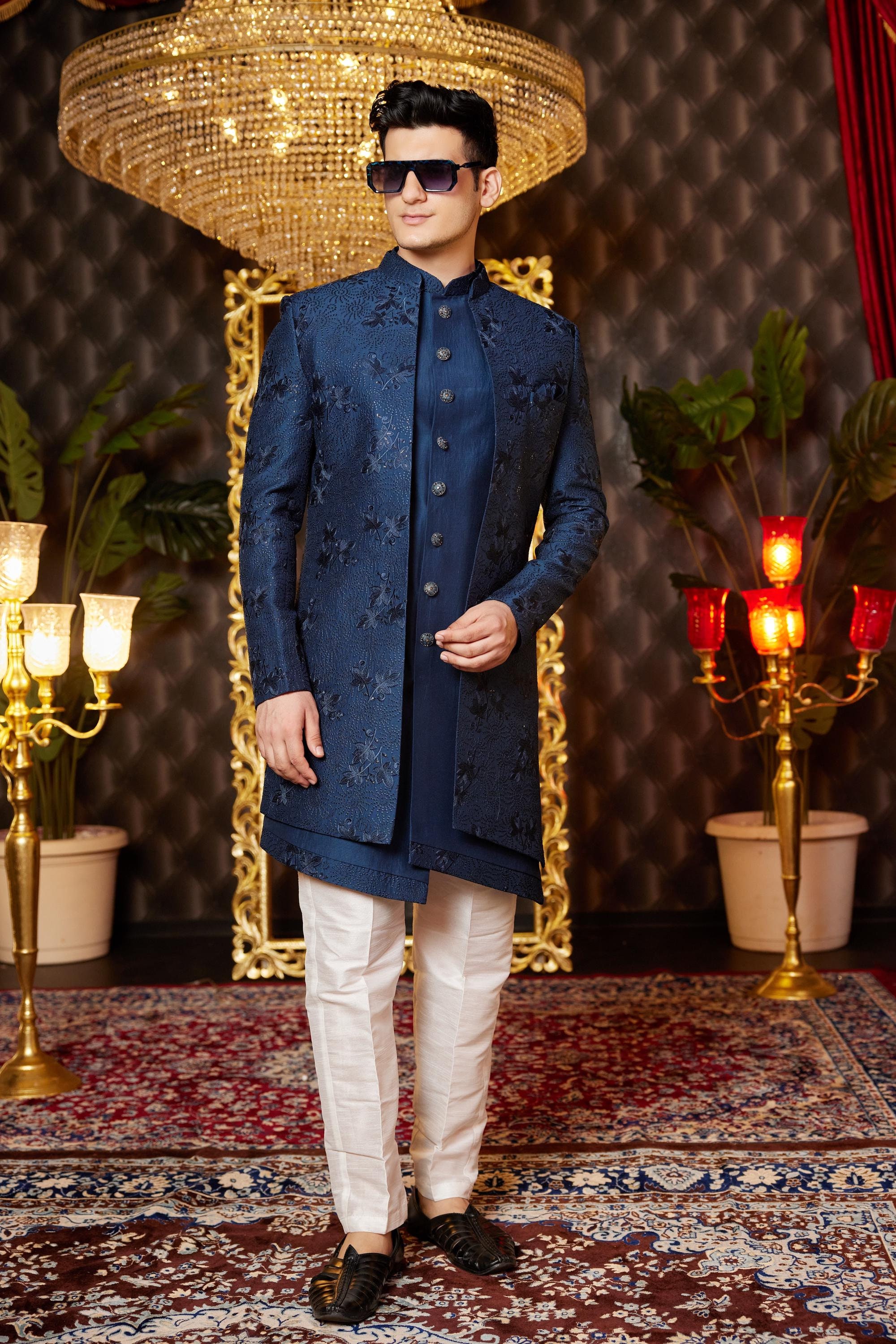 Premium Floral Sherwani for Men blue Wedding Outfit For Grooms Silk Sherwani traditional look Jodhpuri Sherwani for Wedding Gift for Him