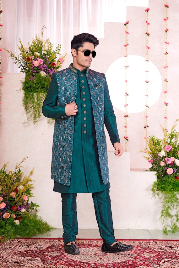 Green Floral Print Jacquard Silk Sherwani: Indian Groom Wedding Wear