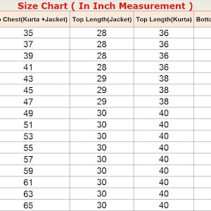 May include: Size chart for clothing in inches. The chart shows measurements for chest, length, and bottom length for sizes 32 to 62.
