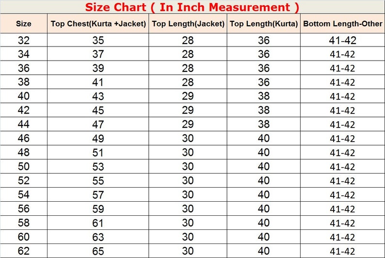 May include: Size chart for clothing in inches. The chart shows measurements for chest, length, and bottom length for sizes 32 to 62.