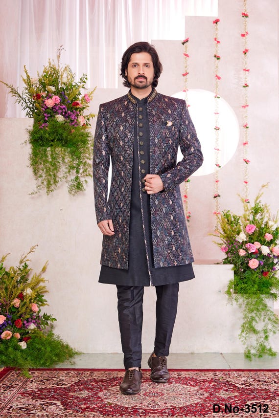 Black Floral Print Jodhpuri Sherwani: Men's Wedding Indo Western Outfit