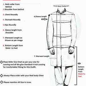 May include: Diagram illustrating how to measure for a Sherwani outfit. The image shows a drawing of a person with labeled measurement points: neck collar, shoulder, chest, stomach, hips, sleeve length, Sherwani length, and bottom length. Text in the image says "What We need to Make this Sherwani Outfit."