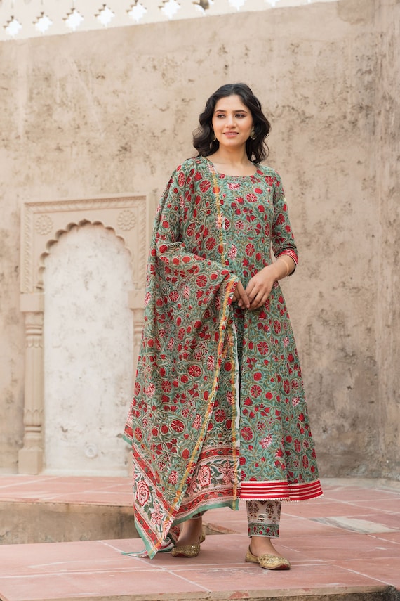 Pure Cotton Green Plus Size Long Salwar Kameez, Pakistani Long