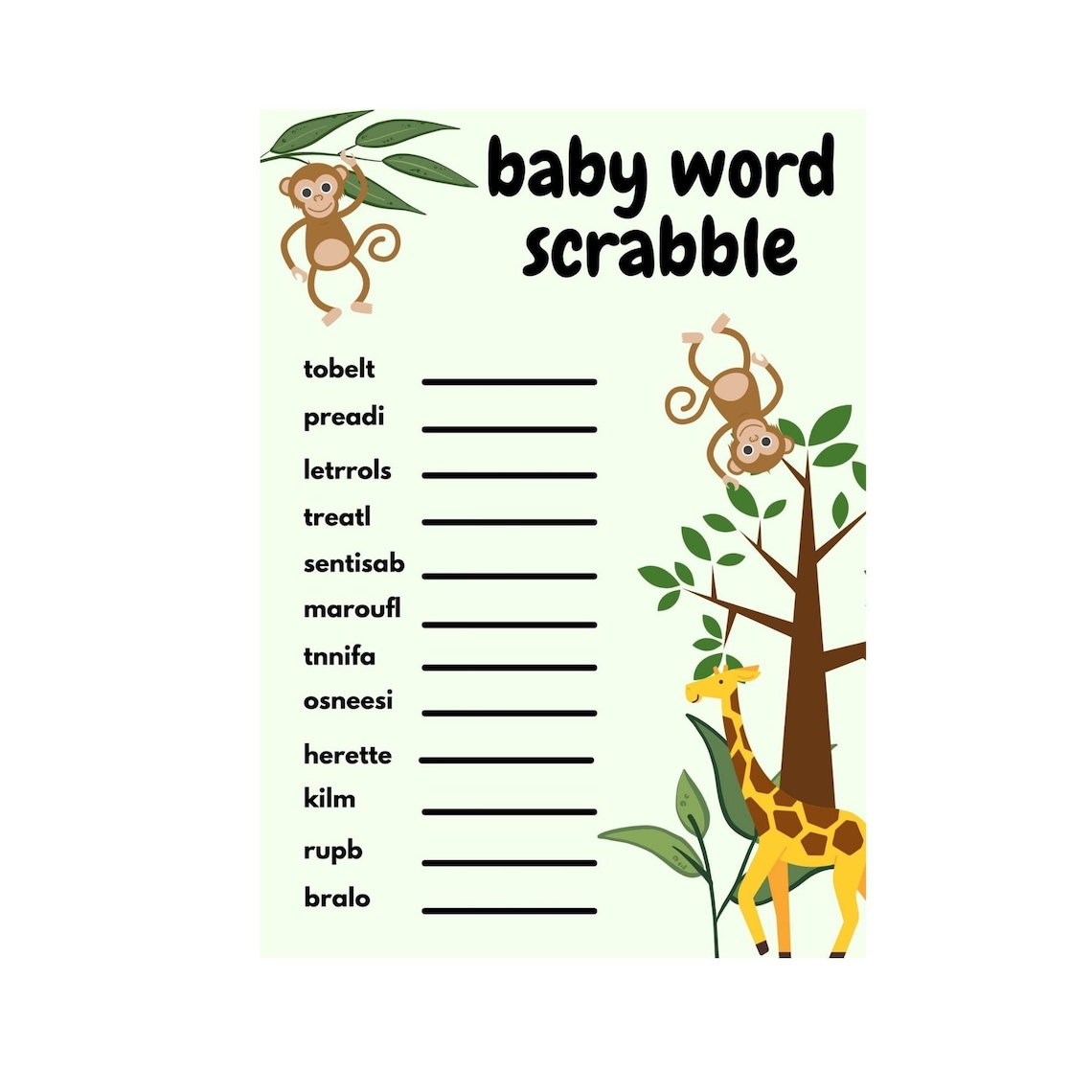 Safari Themed Baby Scramble Baby Shower Game Etsy
