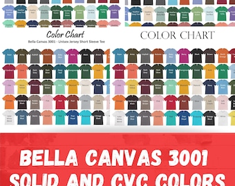 Bella Canvas 3001/3001CVC カラーチャート|Bella Canvas 3001 ソリッドカラーチャート|Bella Canvas 3001 ヘザー CVC カラーチャート|T シャツ モックアップ フラットレイ