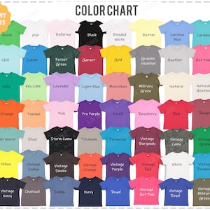 May include: Color chart showing 48 different t-shirt colors. The colors are arranged in rows and columns, with each color labeled with its name.
